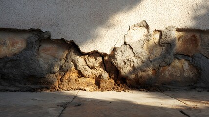 Close-up of a weathered and damaged concrete wall with exposed rebar and crumbling texture, illuminated by a beam of sunlight.