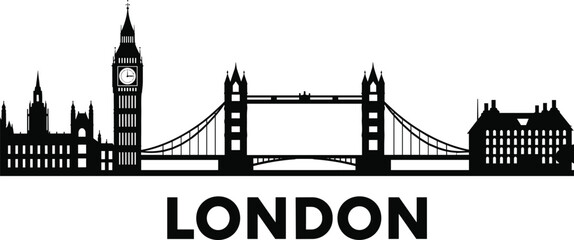 London skyline silhouette, iconic landmarks, Big Ben, Tower Bridge, UK architecture, tourism, travel, cityscape, black illustration, cultural heritage, famous view