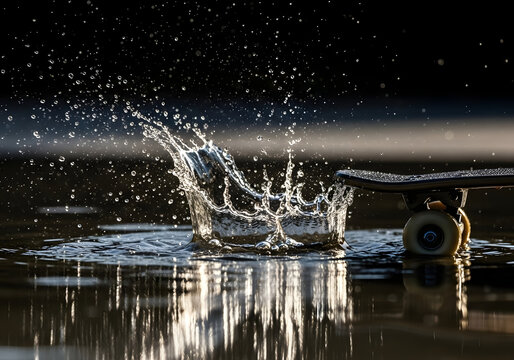 A skateboard interacts with a water splash, creating a unique and dynamic image
