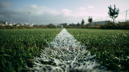 Close-up of a white line on a vibrant green sports field under a cloudy sky.