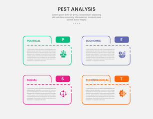 PEST analysis infographic outline style with box table folder shape 4 point template with for slide presentation
