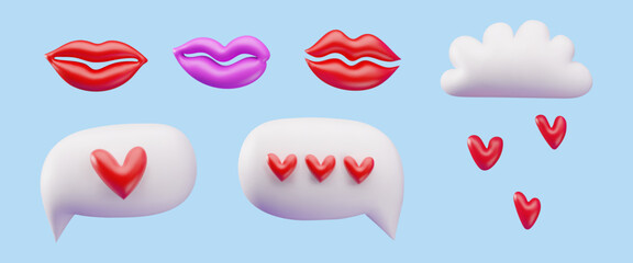 3D Vector Collection of Playful Love Icons: Lips, Clouds, and Heart Bubbles