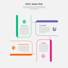 PEST analysis infographic outline style with creative rectangle box circular cycle base center 4 point template with for slide presentation
