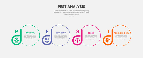 PEST analysis infographic outline style with creative circle and badge accessories 4 point template with for slide presentation
