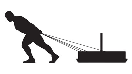 Dynamic silhouette of strong man pulling heavy sled, conveying strength and determination for fitness advertising, gym promotions, and powerful motivational content