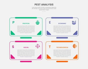 PEST analysis infographic outline style with round rectangle box with full accessories badge 4 point template with for slide presentation