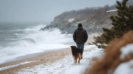 A person and their dog walk along a snowy beach with powerful waves crashing under a grey winter sky
