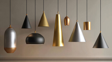 Elegant pendant lights, showcasing modern design and various metallic finishes, hanging in a row