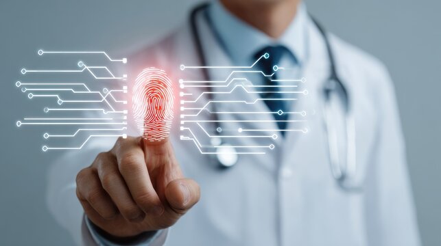 A doctor pointing at a digital fingerprint with electronic circuit design overlay and stethoscope