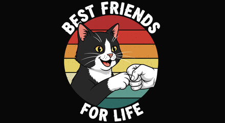 Cat and human fist bump, retro friendship design, pet love, best friends forever, colorful bond, playful gesture, vintage art