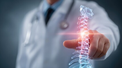 Doctor examining digital spine model with glowing spot indicating potential problem area