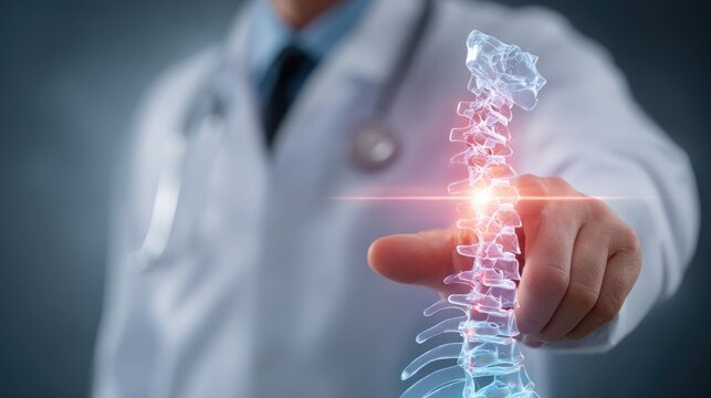 Doctor examining digital spine model with glowing spot indicating potential problem area - Powered by Adobe