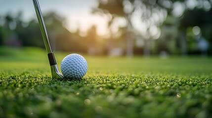 Experience the thrill of golf with a stunning shot on lush green grass during golden hour sunlight