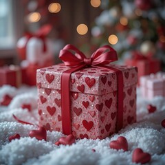Gift boxes and hearts on pink background. 
