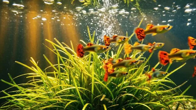 Colorful guppy fish in a lush underwater habitat