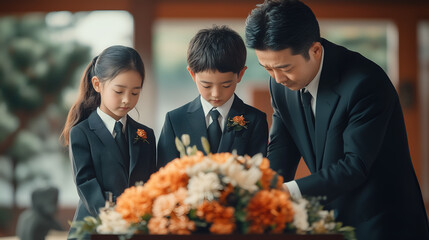 Respectful family gathering to honor loved ones with flowers at a somber memorial service, sharing grief and remembering together in unity and remembrance