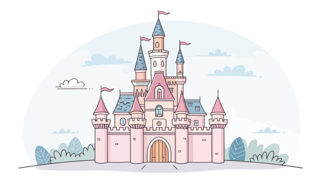Enchanting pink fairytale castle with turrets and flags, perfect for children's books, dreamy invitations, and magical branding for events and fantasy games