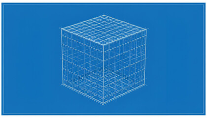 Isometric blueprint of a wireframe cube on a blue background with detailed grid structure shown