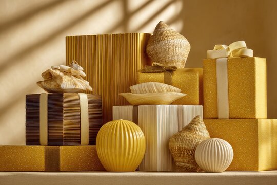 Elegant arrangement of seasonal gift boxes, soft ambient lighting, luxurious materials, and a minimalist backdrop, creating a sophisticated holiday shopping experience