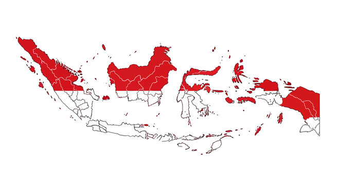 Map of the Indonesian archipelago showing provincial borders, filled with the red and white national flag.