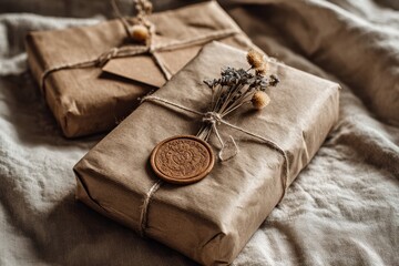 Rustic kraft paper gift boxes with minimalistic design and organic embellishments, beautifully staged in soft, diffused lighting that highlights their eco-friendly charm and promotes sustainability