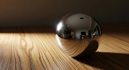 Chromatic sphere resting on textured wood surface casting shadows softly