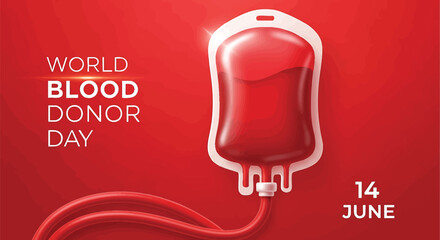 World Blood Donor Day Illustration with Blood Bag and Red Background to Promote Awareness and Encourage Blood Donations on June 14