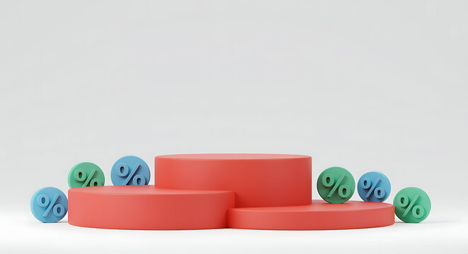 Red podium with percentage symbols for product display discount sale promotion white background marketing