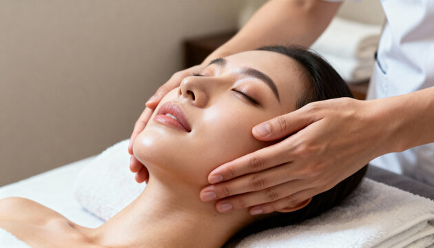 Beautiful asian woman enjoying facial massage in spa salon. Relaxing treatment concept. - Powered by Adobe