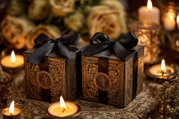 Premium gift boxes with intricate gold detailing and black satin ribbons, surrounded by warm candlelight, evoking a sophisticated and festive mood