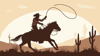 Vintage western scene of cowboy riding horse with lasso in desert, capturing wild west spirit, ideal for themed events and rustic decor, scalable vector graphic