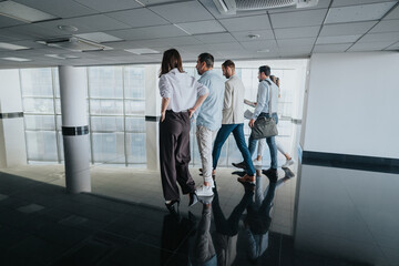 Several coworkers move along a glossy, modern office corridor, carrying bags and files as they walk together, reflecting teamwork, planning, and everyday business life.