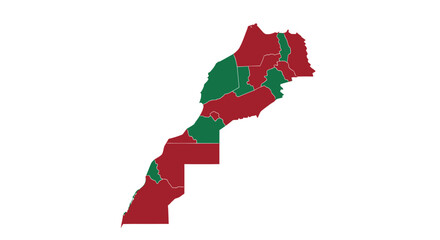 Fototapeta premium Detailed map of Morocco and Western Sahara showing various regions highlighted in contrasting red and green colors.
