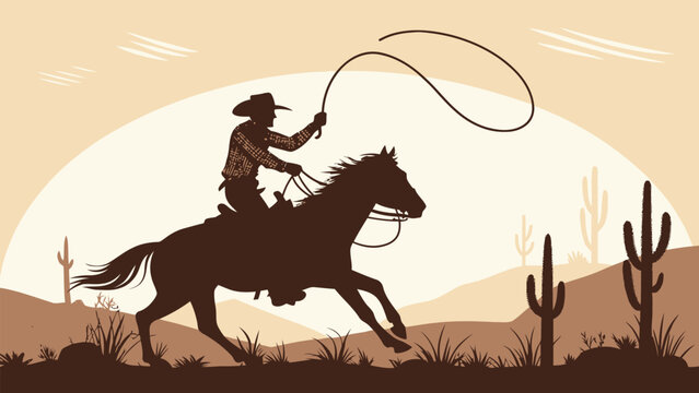 Vintage western scene of cowboy riding horse with lasso in desert, capturing wild west spirit, ideal for themed events and rustic decor, scalable vector graphic