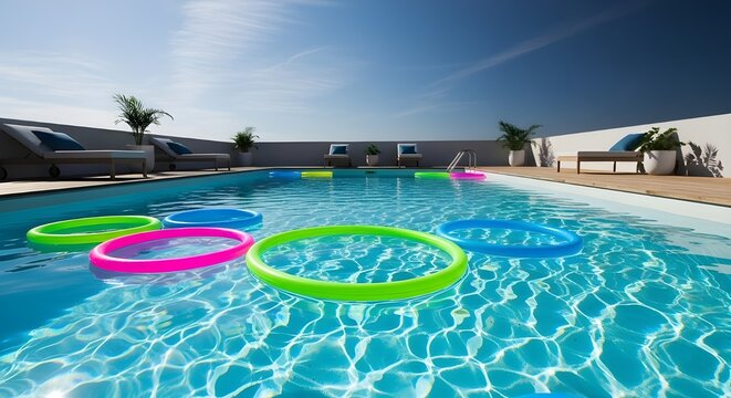 Colorful inflatable rings float in a shimmering blue swimming pool