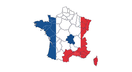 Fototapeta premium Map of France with regions colored in the French flag colors.