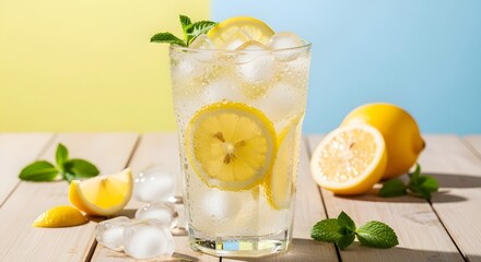 Refreshing lemonade with ice, lemon slices, and mint on wood table.