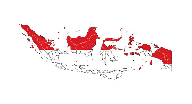 Map of Indonesia with the national flag's red and white color scheme, showing the country's geographical outline.