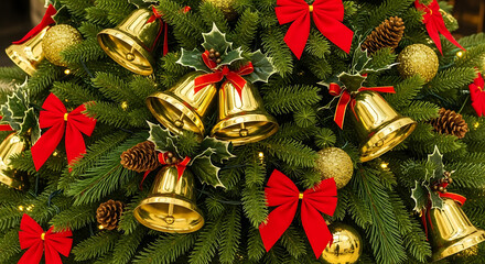 Golden bells hang among green pine branches