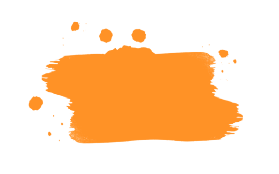 Orange watercolor brush stroke with paint splatters isolated on transparent background