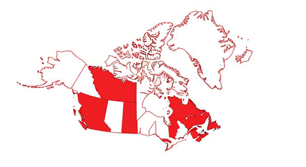 Outline map of Canada with several provinces highlighted in red, depicting a geographic representation.