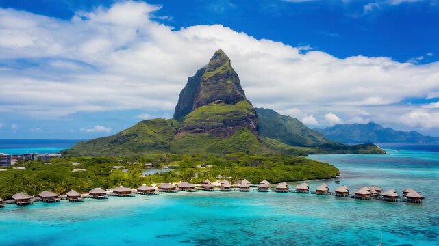 Aerial view of overwater bungalows and a dramatic green volcanic peak in a turquoise lagoon