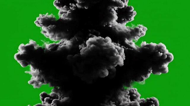 Dramatic mushroom cloud rising on green screen background for visual effects compositing and post-production, offering dynamic impact and adaptable design