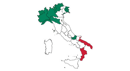 Map of Italy highlighting regions with green and red colors, showing geographical distribution.