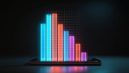 Neon bar chart mobile analytics glowing graph data visualization digital dashboard hologram display smartphone screen business metrics fintech concept modern technology showing colorful bars - Powered by Adobe