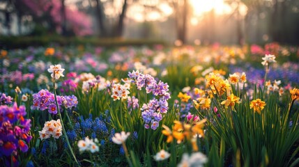 Obraz premium Spring meadow with pastel-colored primroses in sunrise