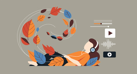 Relaxed person listening to music on headphones while lying among a swirl of colorful autumn leaves and media icons.