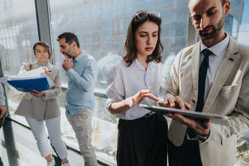 A diverse group of professionals in smart casual and business attire gathers in a bright glass building, reviewing a tablet and sharing ideas.