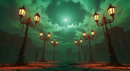 Eerie street scene with illuminated lampposts beneath a glowing moonlit sky