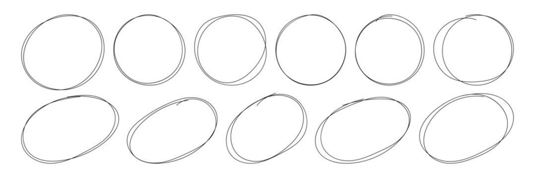 Marker scratch scribble in rounder. Set of hand drawn red circles and ovals. Round scrawl frames. Pencil or pen graffiti scribble doodle round circles 